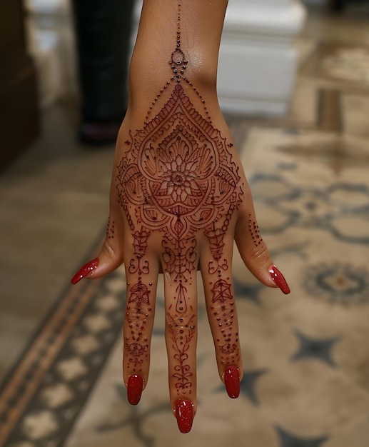 Photo cropped hand with henna tattoo the beauty of mehndi design