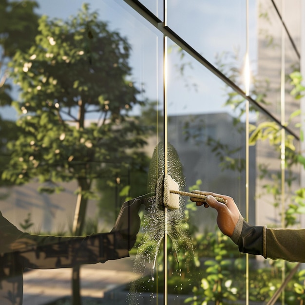 Cropped hands of man cleaning glass window