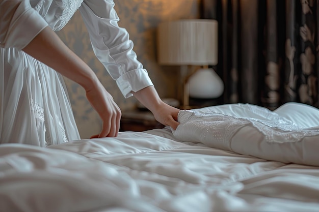 Cropped image of a chambermaid making bed in hotel room