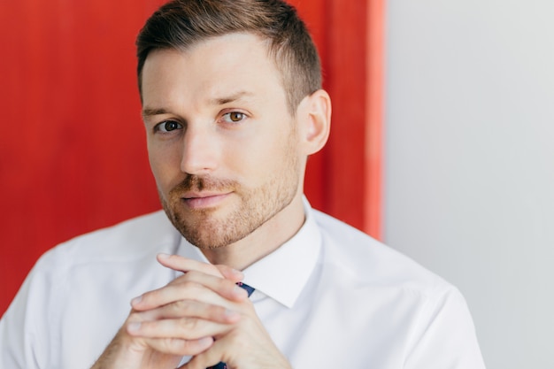 Cropped image of confident young male employee with bristle, keeps hands pressed together, dressed in elegant white shirt