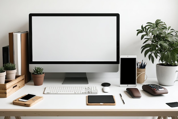 Cropped image of a contemporary workstation with a wooden desk a blank screen laptop a smartphone office supplies and decorations against a background of white walls