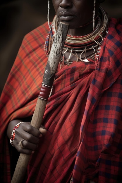 A cropped image of a maasai warrior carrying his spear created with generative ai