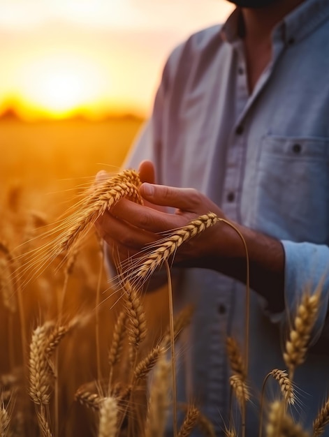 Cropped image of a male farmer in denim shirt Man holding the ears of wheat in his hands Yellow field at backdrop Generative AI