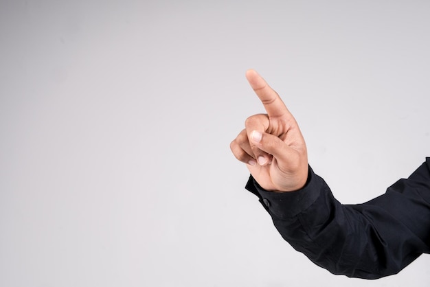 Photo cropped image of man gesturing against gray background