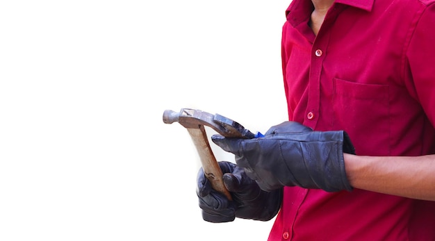 Cropped image of mechanics working in auto service hand holding cutter with hammer isolated in white