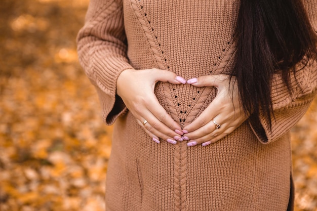 Cropped image of pregnant woman standing in autumn city park, showing heart sign love positive