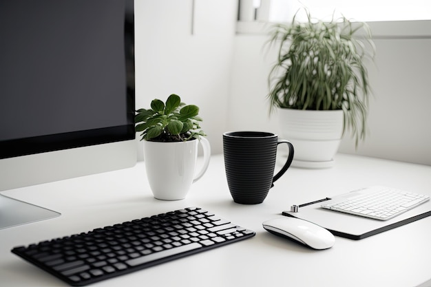 Cropped image shows a white desk with a copy area keyboard iPad and coffee cup