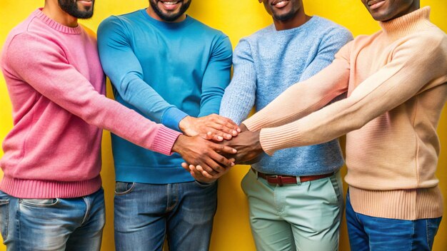 Photo cropped image of unrecognizable diverse men in blue and pink sweater touching hands against yellow background