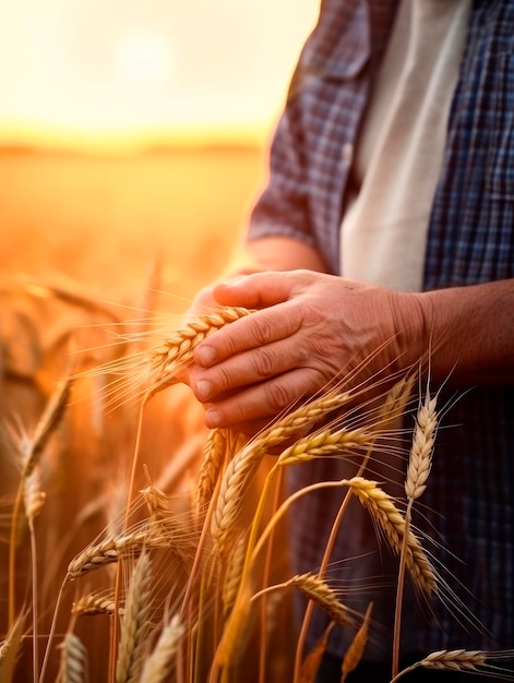 Cropped image of unrecognized man in the wheat field Farmer holding the spikes of grain in hands carefully Blurred backdrop Generative AI