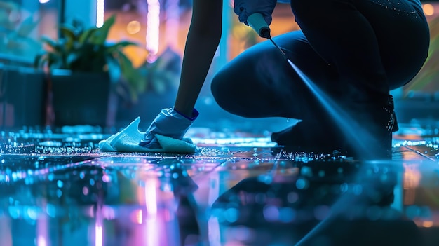 a cropped image of a woman cleaning the floor with a rag and spray while kneeling Generative AI