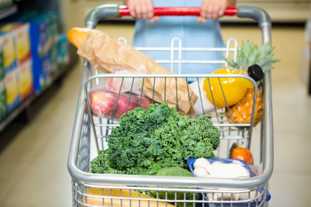 Cropped image of woman pushing trolley in aisle 