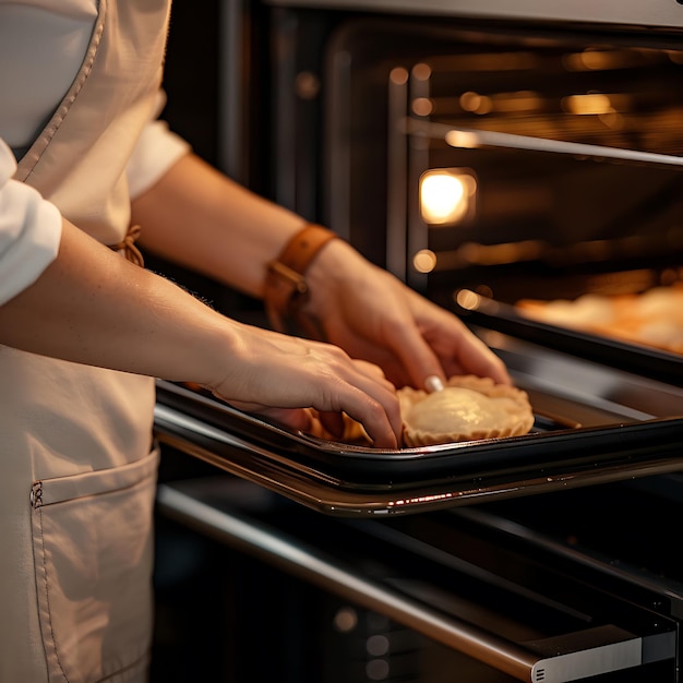 Photo cropped image of a young woman baking in the oven at home