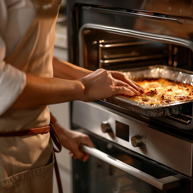 Cropped image of a young woman baking in the oven at home