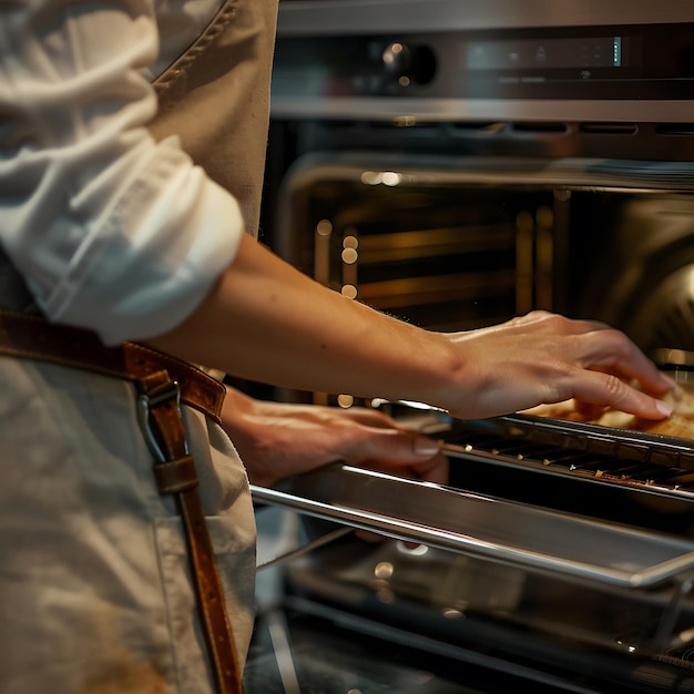 Cropped image of a young woman baking in the oven at home