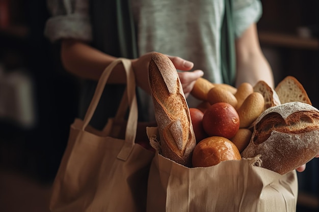 Cropped image of young woman carrying two bags full of groceries Generative AI