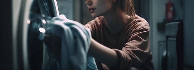 Cropped image of young woman washing clothes in washing machine at homegenerative ai