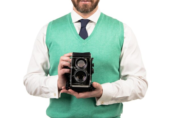 cropped man holding retro photo camera isolated on white background, photography.