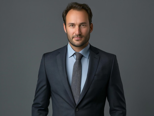 cropped photo of man in suit on grey background Concept of successful business