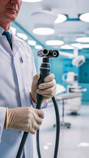 Photo cropped photo of a man in white coat and rubber gloves standing with a modern endoscope