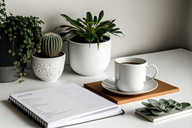 Cropped photo of white desk with mockup workplace desk copy space books plant and coffee