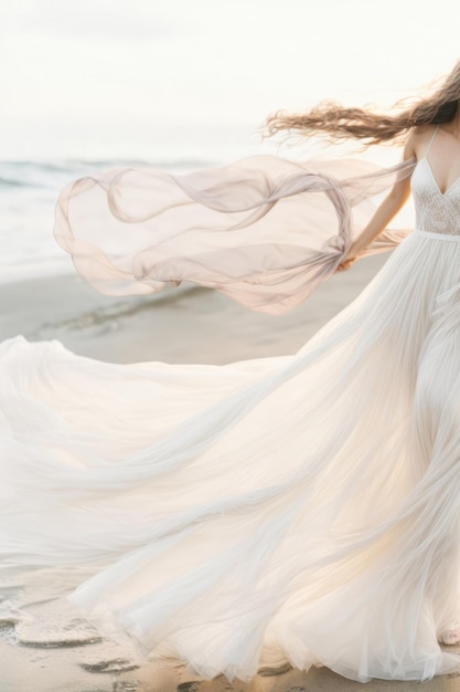 Cropped photo of a woman bride wearing a beautiful white wedding dress that moves curls in the wind near the seashore Fashion beauty fashion