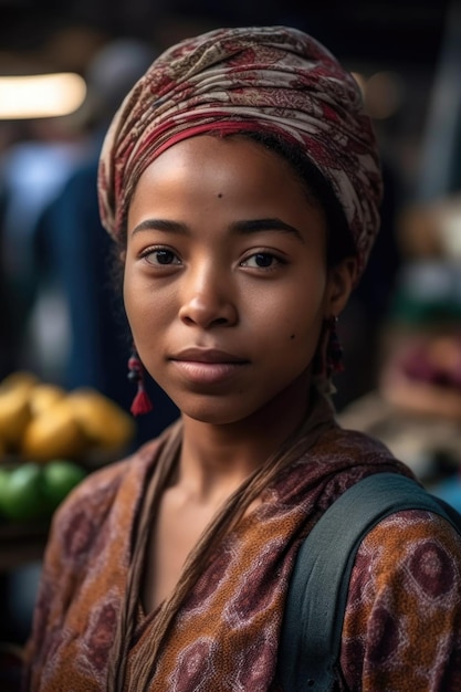 Cropped portrait of an ethnic woman standing in her market created with generative ai