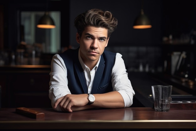 Cropped portrait of a handsome young businessman sitting at his counter created with generative ai