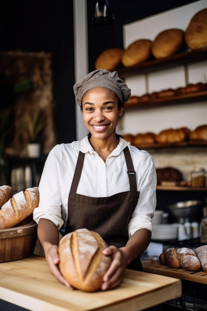 Cropped portrait of a woman serving fresh bread at her bakery created with generative ai