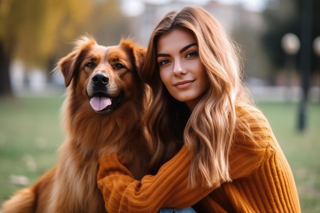 Cropped shot of an attractive young woman sitting in a park with her dog created with generative ai