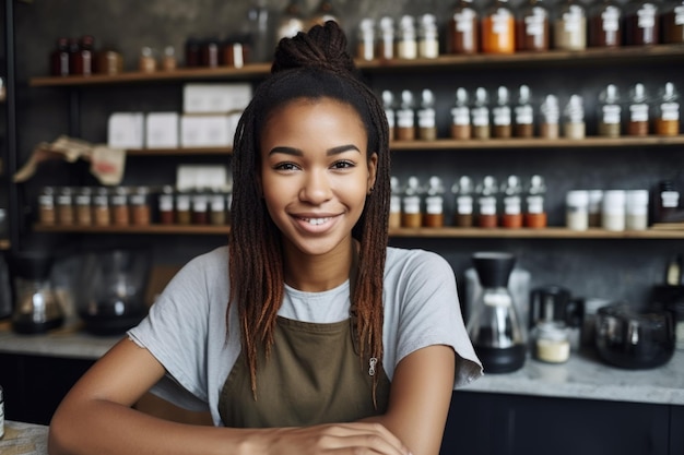 Cropped shot of a beautiful young woman working in her small business created with generative ai