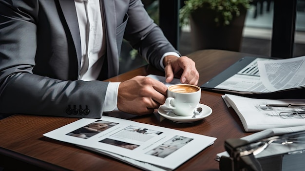 cropped shot of businessman in suit with coffee cup and reading newspaper in cafe