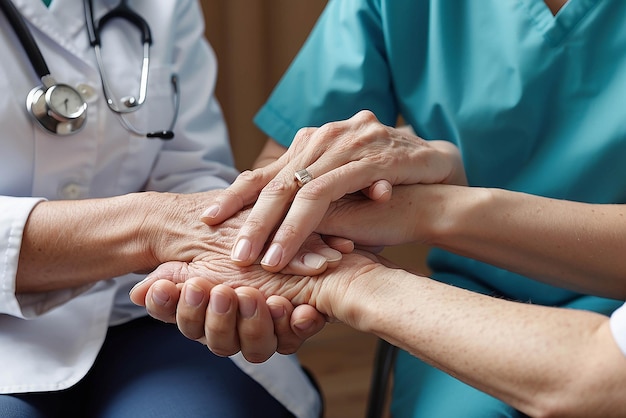 Cropped shot of a female nurse hold her senior patients hand Giving Support Doctor helping old patient with Alzheimers disease Female carer holding hands of senior man