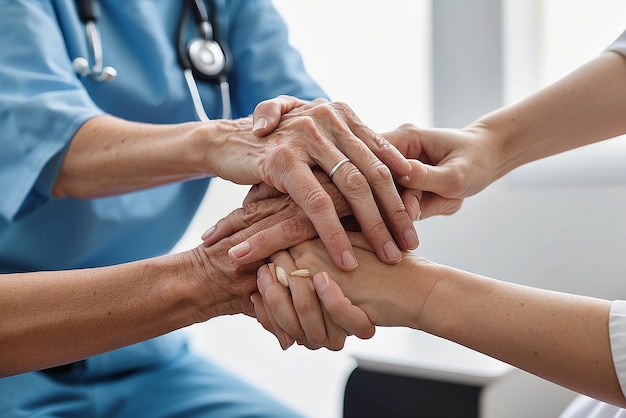 Cropped shot of a female nurse hold her senior patients hand Giving Support Doctor helping old patient with Alzheimers disease Female carer holding hands of senior man