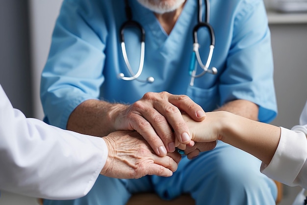 Cropped shot of a female nurse hold her senior patients hand Giving Support Doctor helping old patient with Alzheimers disease Female carer holding hands of senior man