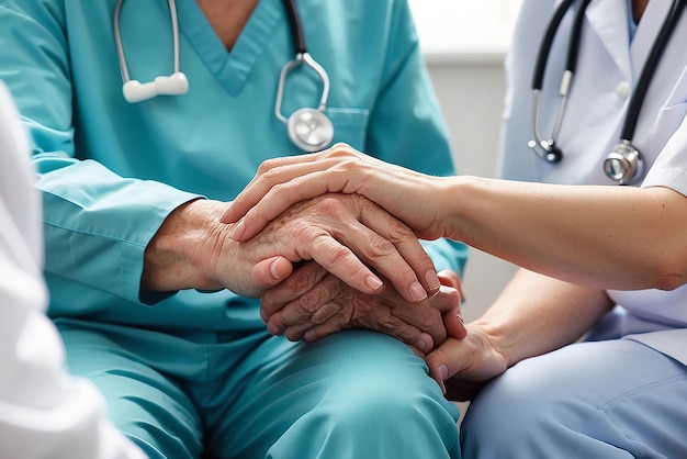 Cropped shot of a female nurse hold her senior patients hand Giving Support Doctor helping old patient with Alzheimers disease Female carer holding hands of senior man