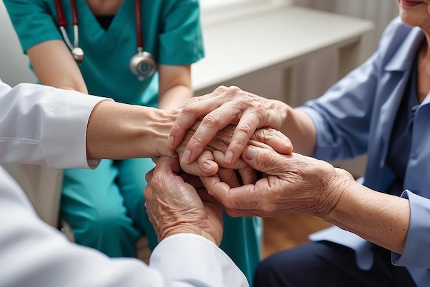 Photo cropped shot of a female nurse hold her senior patients hand giving support doctor helping old patient with alzheimers disease female carer holding hands of senior man