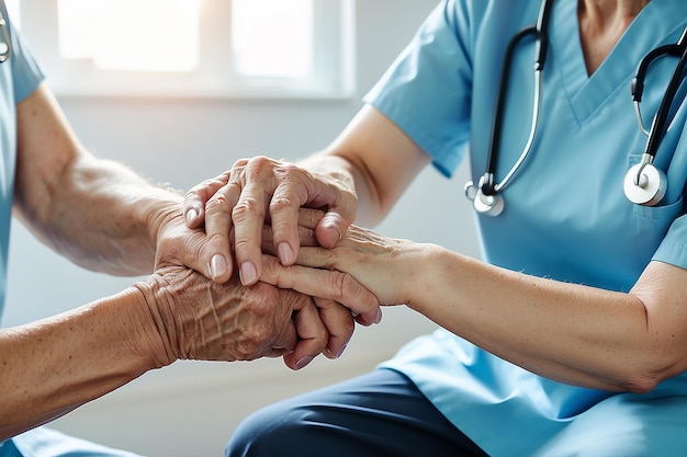 Cropped shot of a female nurse hold her senior patients hand Giving Support Doctor helping old patient with Alzheimers disease Female carer holding hands of senior man