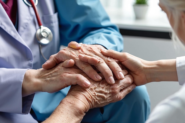 Cropped shot of a female nurse hold her senior patients hand Giving Support Doctor helping old patient with Alzheimers disease Female carer holding hands of senior man