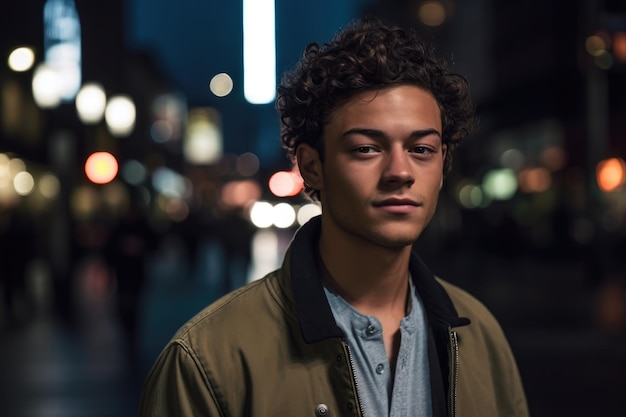 Cropped shot of a handsome young man in the city after dark created with generative ai