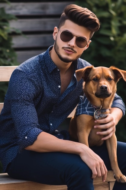 Cropped shot of a handsome young man sitting outside with his dog created with generative ai