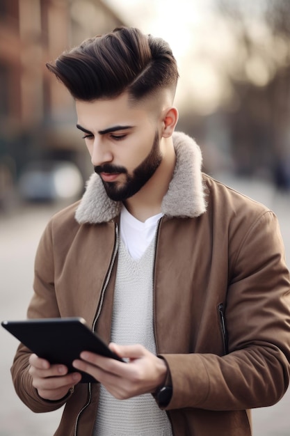 Cropped shot of a handsome young man using his tablet outside created with generative ai