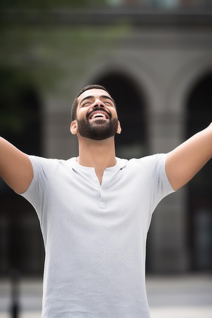 Cropped shot of a man standing outside with his arms open created with generative ai