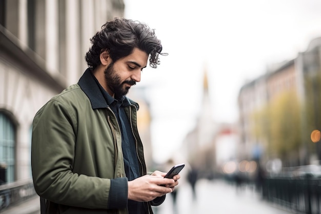 Cropped shot of a man texting with his cellphone in the city created with generative ai