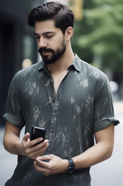 Cropped shot of a man using his cellphone while standing outside created with generative ai