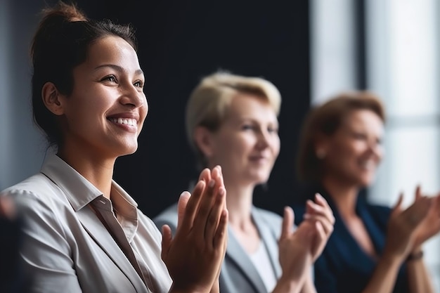 Cropped shot of people applauding at a businesswoman during a meeting created with generative ai