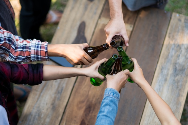 Cropped shot of people holding beer glasses celebrating in the summer camping party outdoor. Friends clinking bottle of beer during camping outdoor