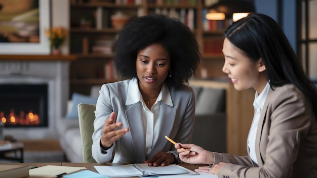 Cropped shot of pretty black woman dictates information to her assistant work as team at cozy room