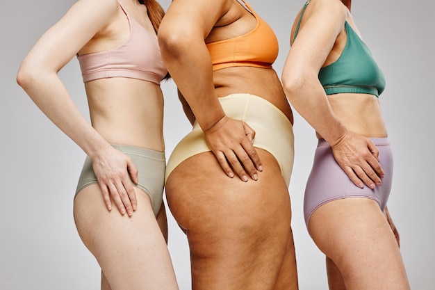 Cropped shot of real women wearing underwear against grey focus on hips with skin texture