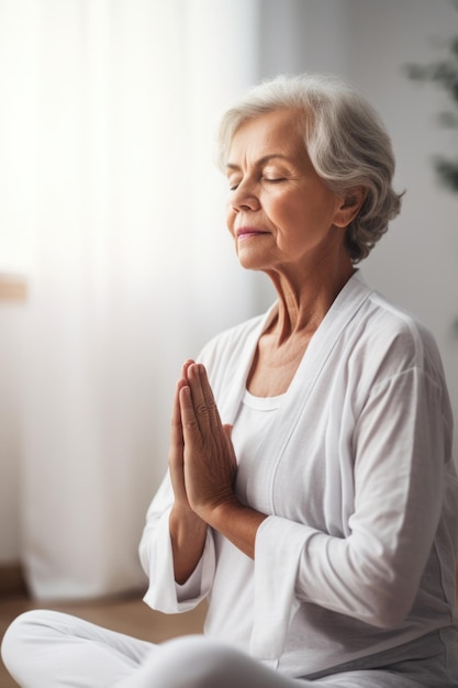 Cropped shot of a senior woman doing yoga indoors created with generative ai