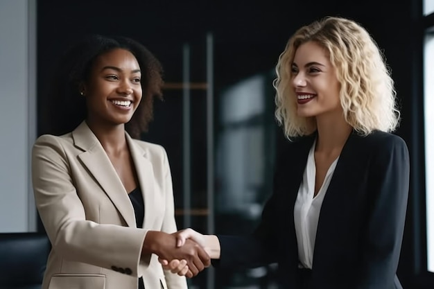 Cropped shot of two smiling businesswomen shaking hands in their office created with generative ai